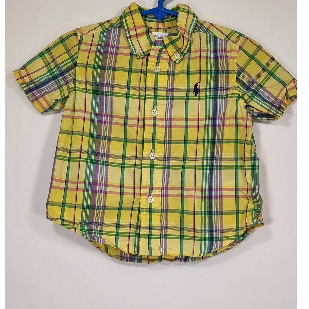 Ralph Lauren Kids Yellow Plaid Short Sleeve Button Down Shirt 12M Cotton Pony